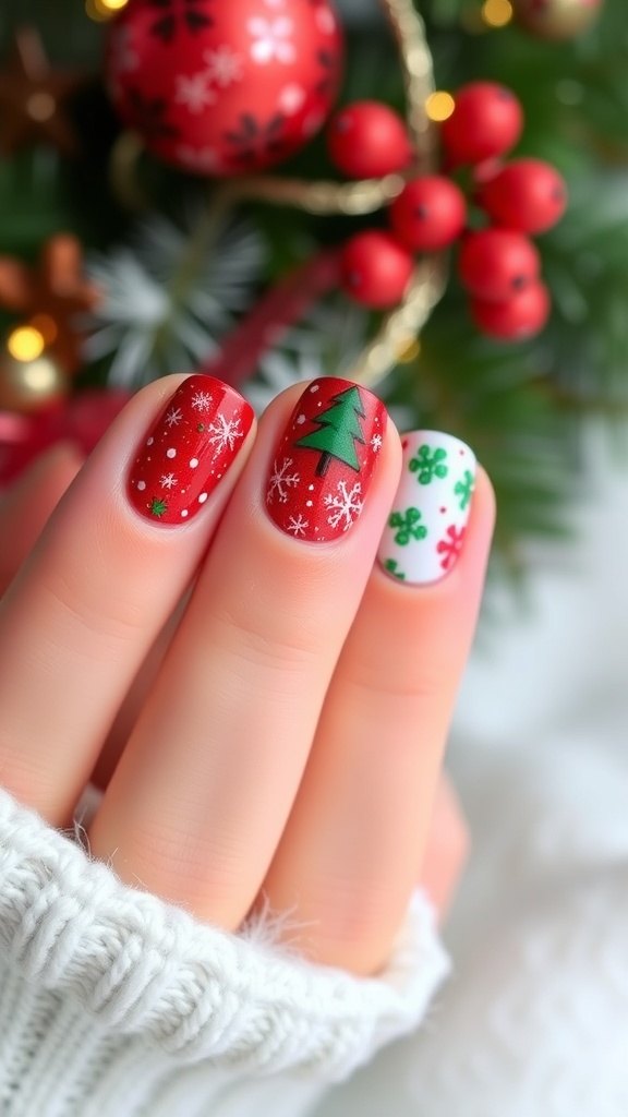 Festive Short Nail Designs for Christmas 2025 Short Christmas-themed nails with red and green designs, decorated with snowflakes and trees.